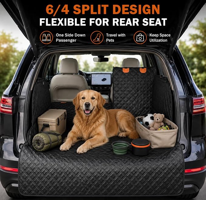 SUV Cargo Liner for Dogs,60/40 Split Seat Access,Waterproof Dog Trunk Cover | Feature: 60/40 Split Access | Material: Waterproof PU Leather | Protection: 15.75" Side Flaps & 19.69" Bumper Flap - Image 2