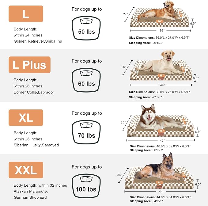 NANUYA Orthopedic Dog Bed for X-Large Dogs, 40 x 32 Inch, Brown Grid | Egg crate foam for joint support, 3-sided bolster pet sofa, waterproof lining, washable cover, and non-skid base - Image 7