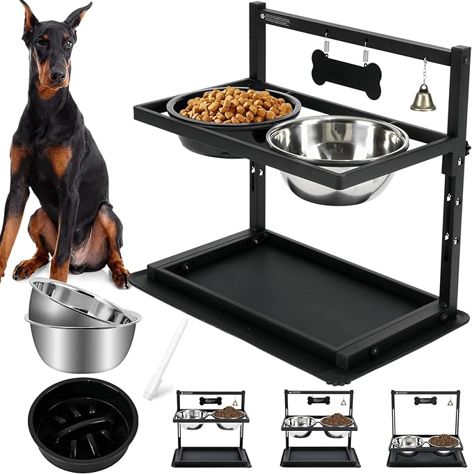 Elevated Dog Bowls with Slow Feeder for Large Dogs – Adjustable Raised Stand with 2 Stainless Steel Bowls & Spill-Proof Mat, Non-Slip Dog Feeder for Large & Medium Dogs (Black) by SHAINFUN