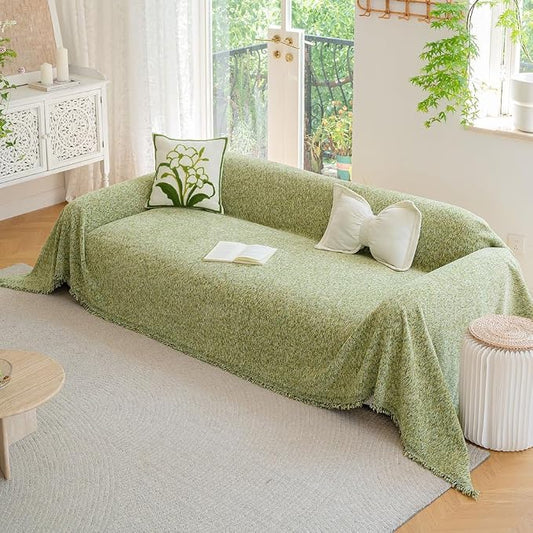 ROOMLIFE Green Sofa Cover, Vintage Boho Couch Cover for 3 Cushion Sofa, Soft Chenille Sofa Cover for Dog, Washable Furniture Sofa Protector Cover Blanket with Tassel for Living Room, 71 '' X 118'' by ROOMLIFE