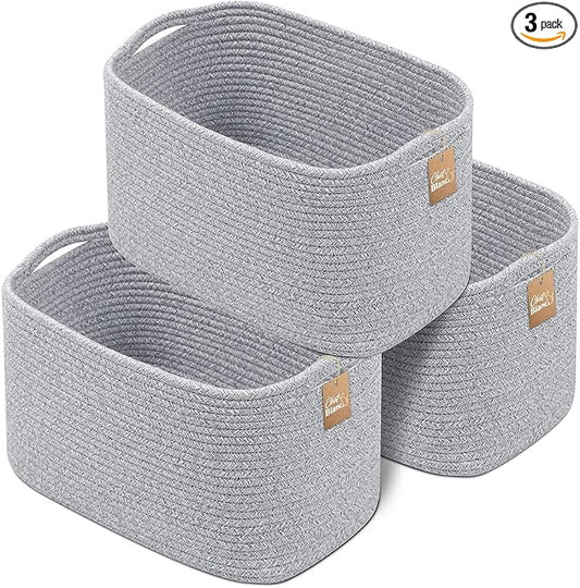 CHAT BLANC Cotton Rope Baskets for Organizing, Shelves, Toys, Storage, Shoe, Bathroom, Laundry, Towel, Nursery, Home Decor, Blanket, Cloth Woven Bins Fabric (Gray7, 15"x10"x9") by CHATBLANC