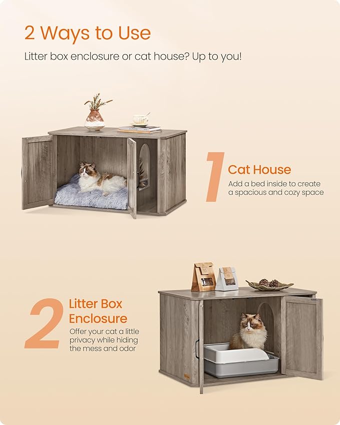 Feandrea Litter Box Enclosure, Modern Cat Litter Box Furniture Hidden, Front Entry, Double Doors, Handles, Cat House, Side End Table, 33.5 x 19 x 19.5 Inches, Heather Greige UPCL012G01 - Image 3