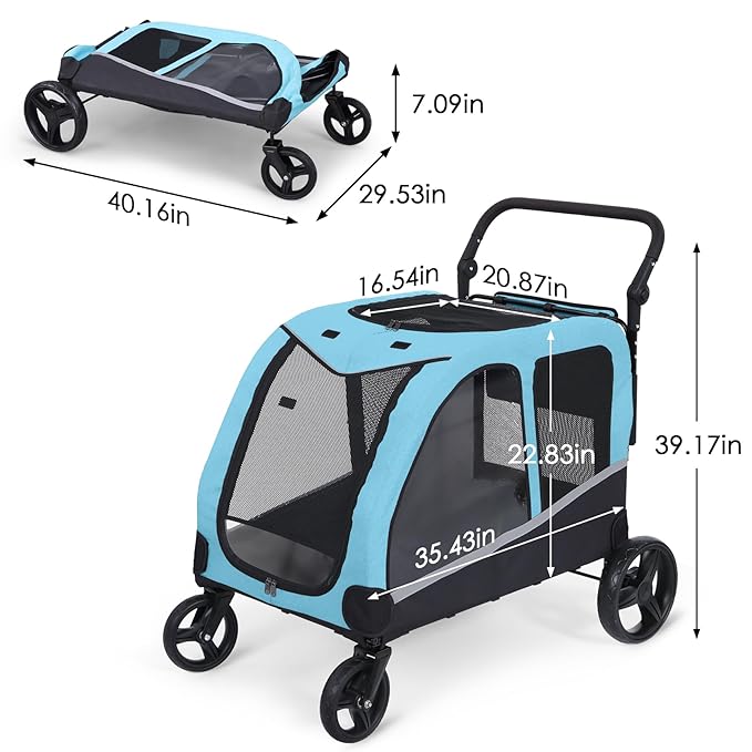 Dog Stroller for Large Dogs, Extra Large Pet Stroller for Medium Dogs, Dog Wagon Carriage, Foldable Design, Adjustable Handle, with Pocket, Up to 130 lbs, Blue