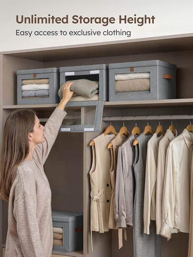 Homsorout Medium Fabric Storage bins - Collapsible Storage Bins with Open Window, 2 Pack Closet Baskets for Shelves, Stackable Decorative Boxes for Home, Dorm, Grey, 13.7"x 9.8" x 9.8" - Image 2