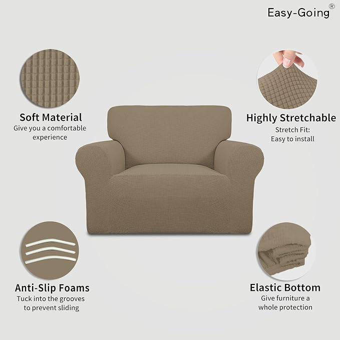 Easy-Going Stretch Oversized Chair Sofa Slipcover 1-Piece Couch Sofa Cover Furniture Protector Soft with Elastic Bottom for Kids Spandex Jacquard Fabric Small Checks Natural | 1-Piece Large chair covers armchair Furniture Protector for Living Room chai... - Image 3