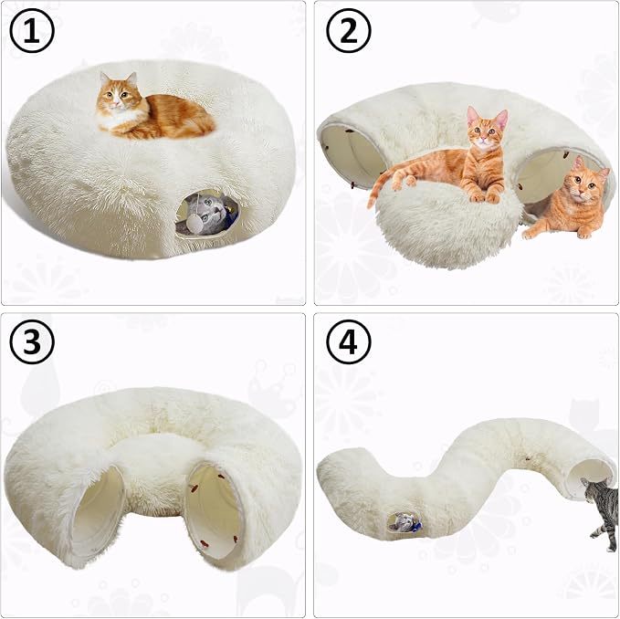 White Fluffy Warm Plush Cat Round Tunnel Tube, Soft Collapsible Multi-Combinations Cat Donuts Bed for Kitty Kitten Puppy Rabbit Ferret (White) - Image 5