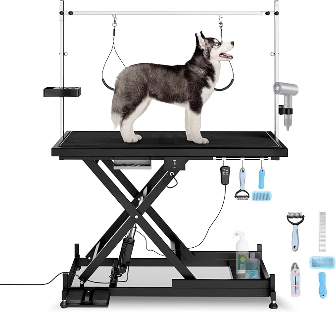 Electric Lift Pet Dog Grooming Table, Upgrade 50 Inch Heavy Duty 9'' -36'' Adjustable Height Professional Pet Grooming Table with Tool Organizer, Adjustable Overhead Arm for Large Dogs at Home, Black by Afqxf
