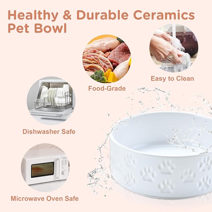 SPUNKYJUNKY Elevated Dog Bowls Ceramic, 7.3'' Dogs Food Water Bowls Raised with Non-Slip Bamboo Stand for Medium to Large Sized Breed Microwave Dishwasher Safe - 42 OZ,Paw White - Image 5