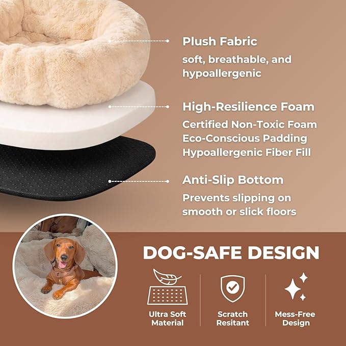 Pelsbarn Luxurious Cozy Car Bed - M/L Luxury Travel Dog Bed with Safety Belt - Ultra Soft Faux Fur - Beige