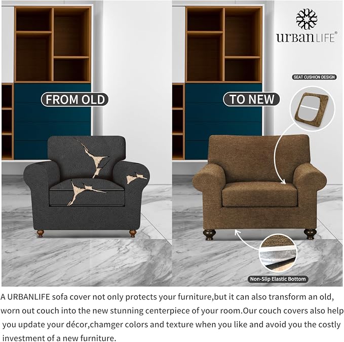 URBANLIFE 2-Piece Stretch Sofa Covers for 1 Cushion Couch, Brown | Super fitted spandex slipcovers for couches. Non-slip elastic bottom. Machine washable furniture protector for kids & pets. - Image 5