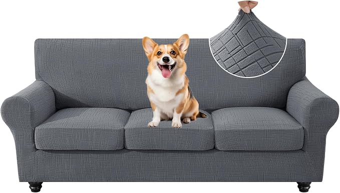 4 Piece Stretch Sofa Covers for 3 Cushion Couch, Non Slip Couch Covers for Sofa, Pet Couch Cover Washable, Couch Slipcover for Dogs, Kids (Light Gray), 91"-110" (3 Cushion XL Sofa) by CYCMACOHOME