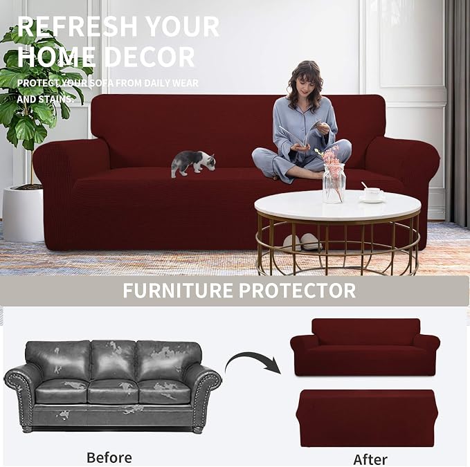 Easy-Going Stretch Oversized Loveseat Slipcover 1-Piece Sofa Cover Furniture Protector Couch Soft with Elastic Bottom for Kids Polyester Spandex Jacquard Fabric Small Checks Wine | 1-Piece Large Loveseat Cover for 2 Cushion Couch Furniture Protector RV... - Image 4