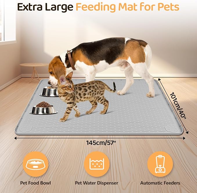 Dog Food Mat 57''x40'' Extra Large Dog Mat for Food and Water, Light Grey | Silicone Dog Bowl Mat with Raised Edge, Waterproof Non-Slip Pet Feeding Mat for Floors, fit for Dog Cat Bowls - Image 2