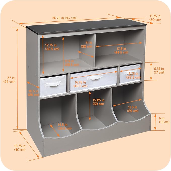 Badger Basket Combo Toy Storage Organizer and Bookshelf - Kids Storage Unit with 3 Removable Baskets, Open Shelves, Top Display Surface - Woodgrain and Gray - Image 4