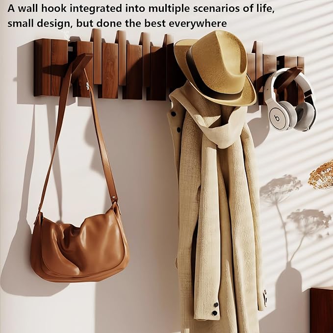 Wall Mounted Piano Key Solid Wood Hanger, Suitable for Wardrobes, Kitchens, Bedrooms, Bathrooms, Entrances (Walnut, 6 Hooks) - Image 7