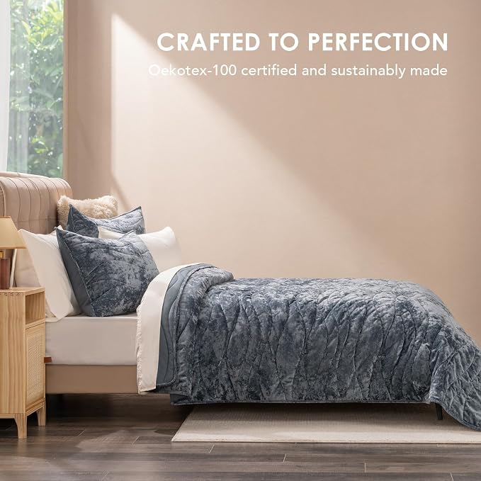 EverGrace Luxury Wave Crushed Velvet Quilt Set, King Size, Stormy Blue | Luxurious Soft, Lightweight Velvet Comforter, Cozy Plush Oversized Bedspread Coverlet for All Season, with 2 Shams - Image 3