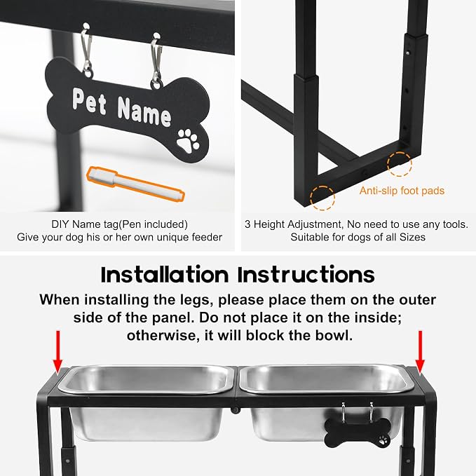 Metal Elevated Dog Bowls Medium/Large Breed with 2 Thick 1.2GAL Stainless Steel Raised Dog Bowl, Adjustable Height 3 Levels (8.8"-11.5"-14") Neck & Joint Protection - Image 5
