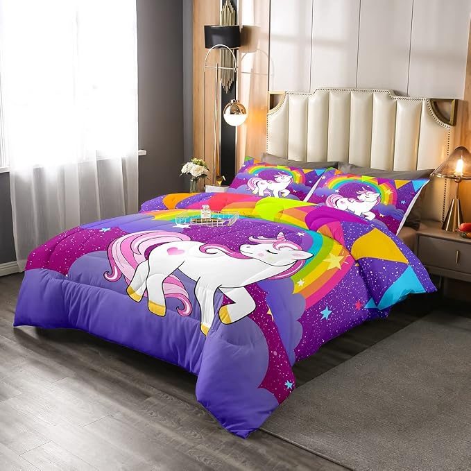 Erosebridal Girls Unicorn Comforter Set Twin Girls Bedding Set Cute Rainbow Unicorn Print Down Comforter Kids Cartoon Kawaii Duvet Insert Galaxy Stars Fantasy Room Decor Children Reversible Purple - Image 3