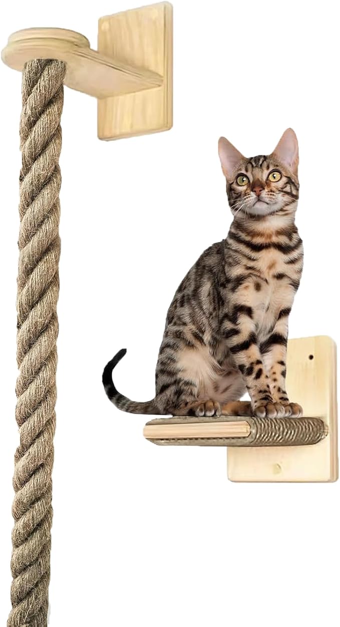 Cat Scratching Post Wall Mounted Climbing Rope Set – Double Platform, Sisal Rope, Space Saving, Easy Install, Multi-Level Cat Playground (Light Brown) - Image 5