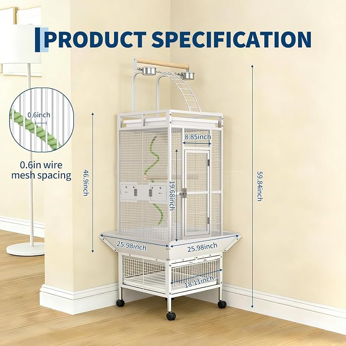 60" h Large Bird Cage, Indoor Parakeet Cage with Playtop, Bird Rope Perche, Heavy Duty Wrought Iron Bird Cage on Wheels for Parrots, Parakeets, Cockatiels, Conures - Image 2