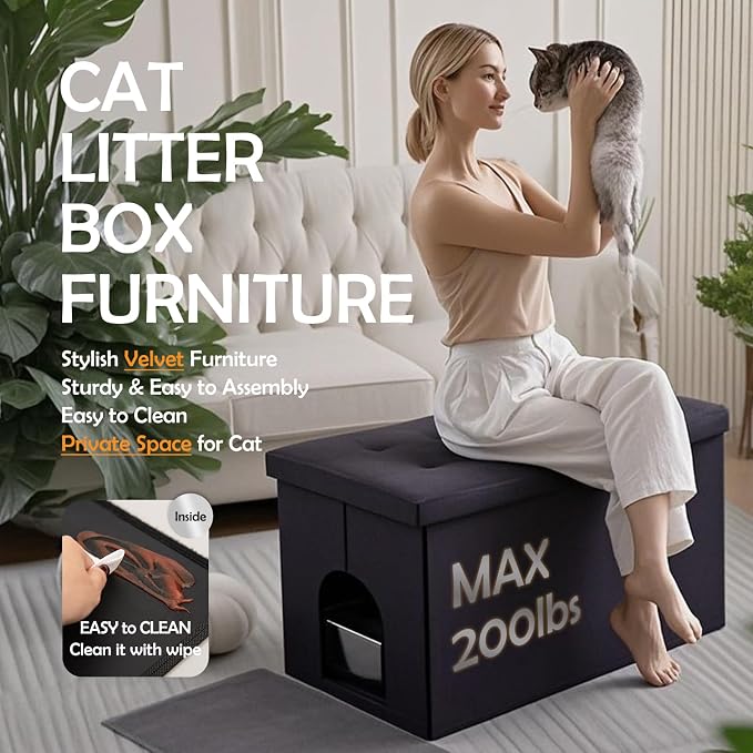 MEEXPAWS Cat Litter Box Enclosure Furniture Hidden Extra Large, Lift Design Lid Velvet Cat Washroom Bench Storage Cabinet | 35.4x19.7x19.7 in | Dog Proof|Urine Proof Inside|Quick Assembly| Easy Clean - Image 5