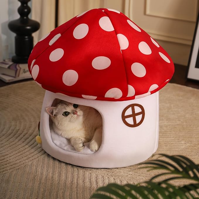 Mushroom Cow Cat Bed House for Indoor Cats & Small Dogs - Soft Cave-Style Pet Nest with Removable Washable Cushion, Plush Semi-Enclosed Cat Cave Tent, Red & White, Cozy Non-Slip Calming Bed - Image 7