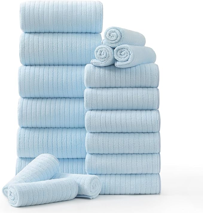 Hailea 18 Piece Family Bath Towel Set Include 6 Bath Towels,6 Hand Towels and 6 Washcloths Soft Bathroom Towel with Hanging Loops,Highly Absorbent Quick Dry Towels Set for Bathroom,Hotel and Spa-Blue by Hailea