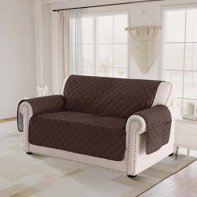PrinceDeco Love Seat Couch Covers for Dogs Quilted Loveseat Cover Furniture Protector Non-Slip Rubber Backing Water Resistant for 2 Cushion Couch Seat Width to 48"(Loveseat, Brown) - Image 2