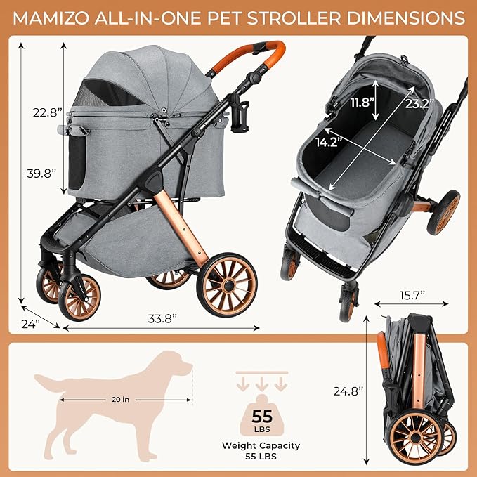MAMIZO Foldable Dog Stroller for Medium Dogs Cats Up to 55 Lbs, Adjustable Height Handle, Pet Stroller with Aluminum and Carbon Steel Frame, Sun Shades, Storage Basket & Shock Absorbers, All-Terrain