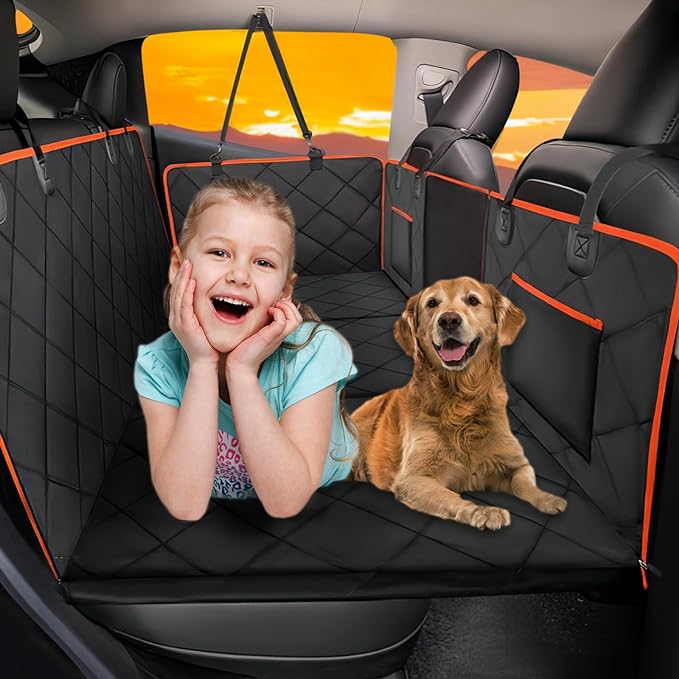 Back Seat Extender for Dogs-Large Space, Dog Car Seat Cover Hard Bottom Holds 420lb, Sturdy Backseat Extender for Dogs, Upgraded Waterproof Pet Car Bed Dog Hammock for Car, SUV, Truck, Orange by ROUWINNE