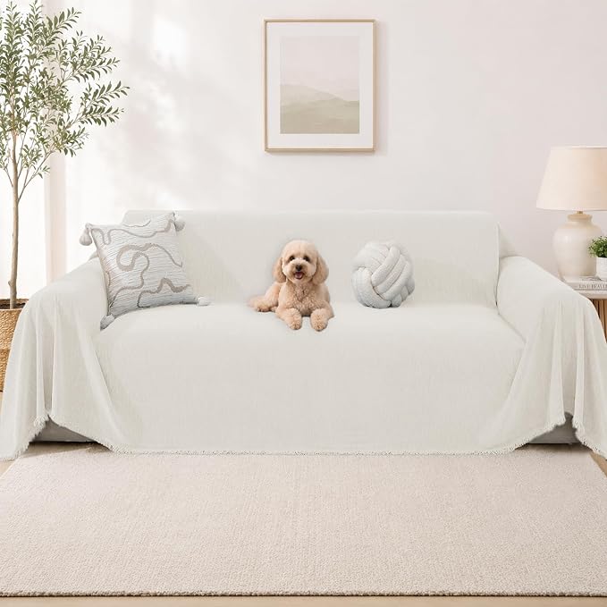 Chenille Armchair Couch Cover for Dogs, Boho Sofa Cover Washable Couch Cover, Pet Throw Blankets for Couches with Tassel Furniture Protector Covers,71"×91",Beige White by YSTELLAA