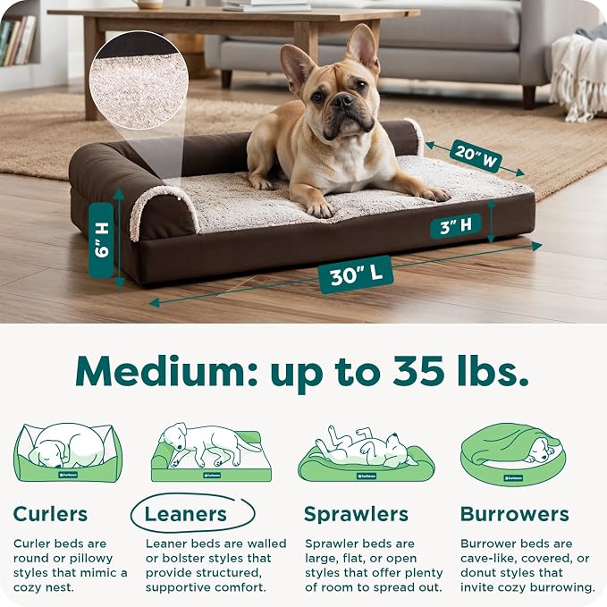Furhaven Orthopedic Dog Bed for Medium/Small Dogs w/ Removable Bolsters & Washable Cover, For Dogs Up to 35 lbs - Two-Tone Plush Faux Fur & Suede L Shaped Chaise - Espresso, Medium,30"L x 20"W x 6"Th - Image 3