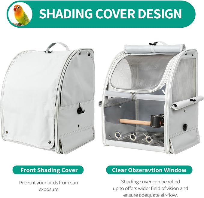Bird Carrier Bag, Bird Travel Cage with Standing Perch and Indestructible Stainless Steel Mesh, Protable Transparent Breathable Carrier with Feeder Cups for Small Birds Parrot Parakeet, Grey - Image 5