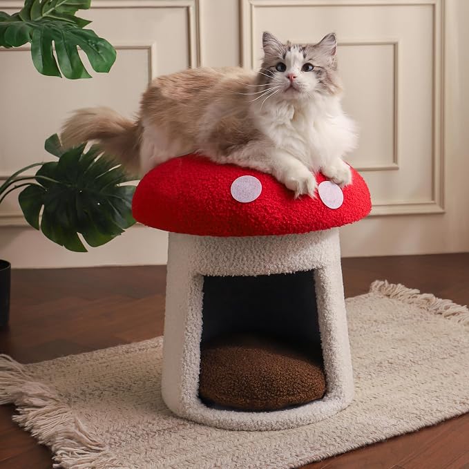 Mushroom Cow Cat Bed House for Indoor Cats & Small Dogs - Soft Cave-Style Pet Nest with Removable Washable Cushion, Plush Semi-Enclosed Cat Cave Tent, (red and White, Sturdy) - Image 5