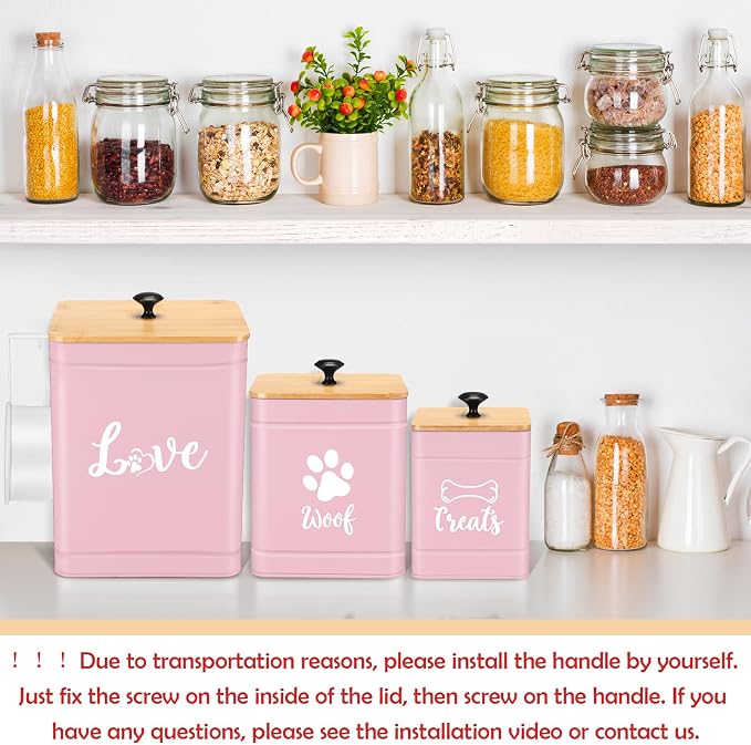 Jingmore Metal Dog Treat Containers Set of 3 with Bamboo Lids and Spoon Airtight 7+3+2 lbs Dog Food Snack Jars with DIY Labels Big Pet Cookie Storage Jar for Kitchen Counter (Pink,Funny) - Image 5