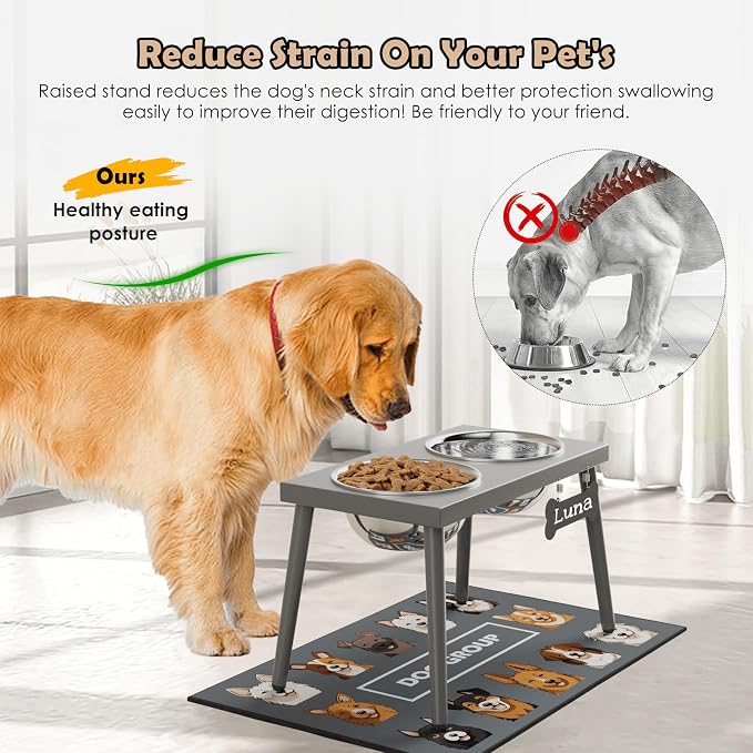 ADENGL Raised Dog Bowl Stand for Large Dogs, 10” Tall Elevated Feeder with Spill-Proof Mat, Stainless Steel 58OZ Bowls for Food & Water, Gray Color (Mat Size: 16x24”) - Image 2