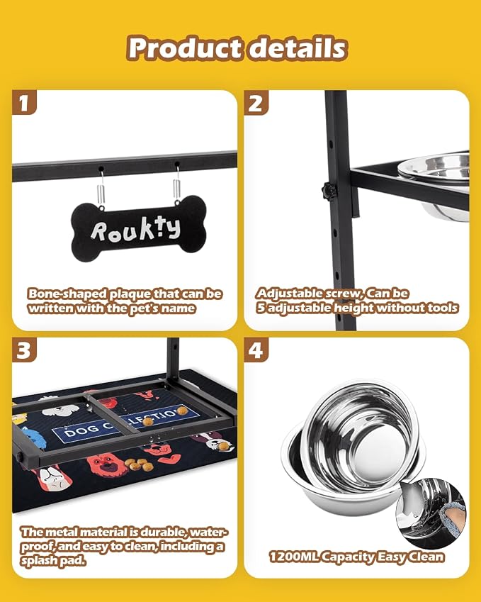 Elevated Dog Bowls with Slow Feeder & Mat, Adjusable Height Raised Dog Bowl Stand with 2 Stainless Steel 1200ML Bowl - Image 5