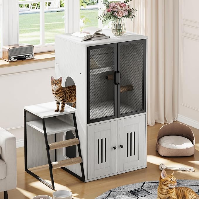 GarveeLife Cat Litter Box Enclosure with Doors, Double Cat House with Storage Space, Enclosed Litter Box Furniture with Ladder, Retro White by GarveeLife