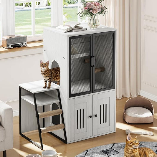 GarveeLife Cat Litter Box Enclosure with Doors, Double Cat House with Storage Space, Enclosed Litter Box Furniture with Ladder, Retro White by GarveeLife
