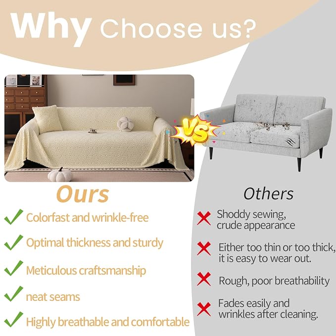 ROOMLIFE Striped Boho White Couch Cover for 2-3 Cushion Sofa, Fuzzy Plush Warm Sofa Slipcovers Sectional Sofas Covers, Non Slip Washable Furniture Protector Soft with Tassel,Winter 71''X134” - Image 2