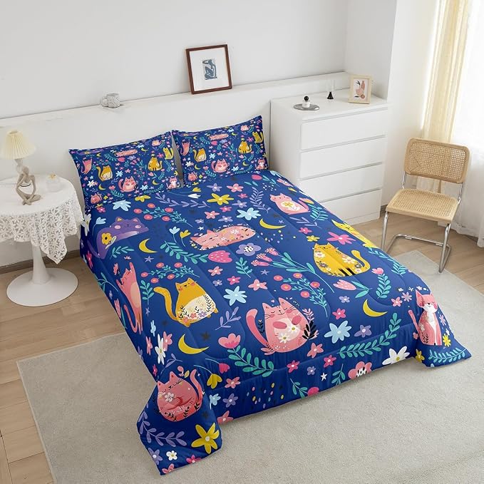 Feelyou Kids Funny Cats Bedding Set Girls Cute Flower Cartoon Kitty Kitten Comforter Set King Size Animal Theme Duvet Insert Girly Kawaii Room Blue Decor - Image 6