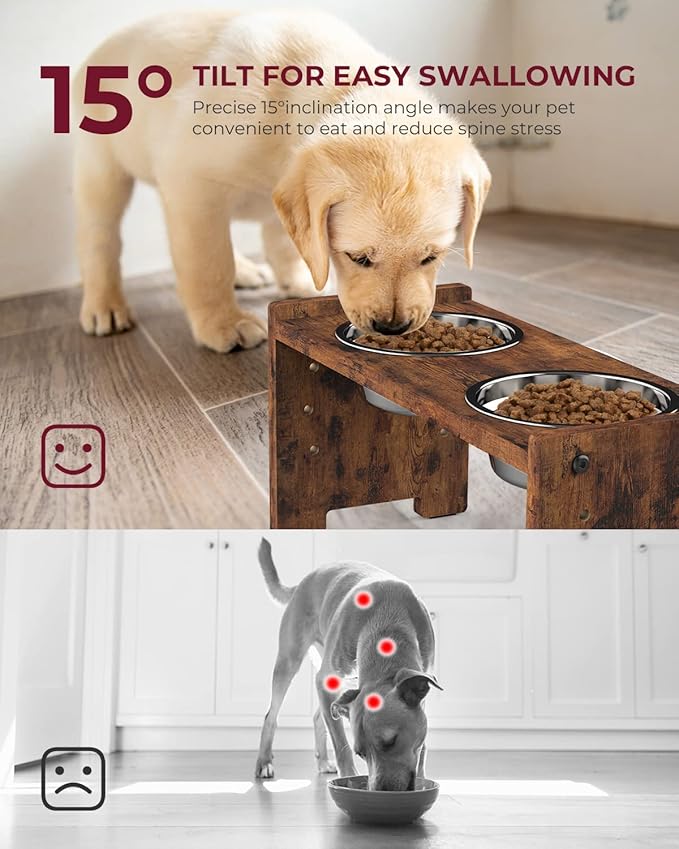 Vantic Elevated Dog Bowls, Raised Bowl Stand Adjustable Small, Rustic Brown | Particle Board Raised Feeder with 2 Stainless Steel Bowls, Adjustable Height for Small Puppies and Cats - Image 3