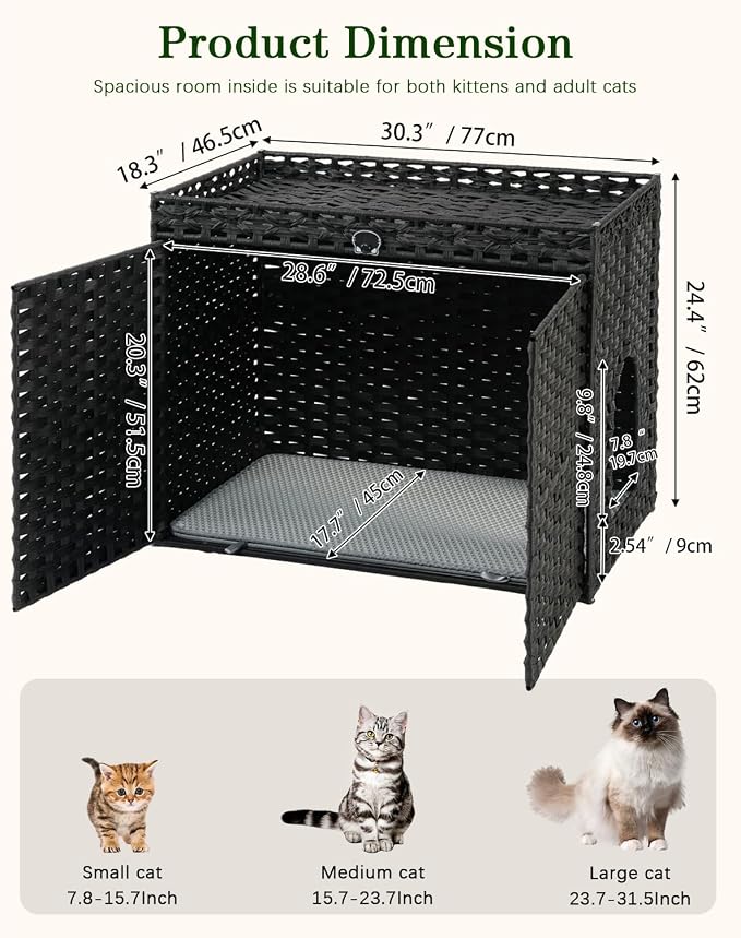 SETVSON Cat Litter Box Enclosure Furniture, Hidden Litter Box, Cat Litter Box Cabinet with 2 Litter Mats, Handwoven Rattan Large Space Cat House, Indoor for Living Room, Bedroom, Apartment Black - Image 5