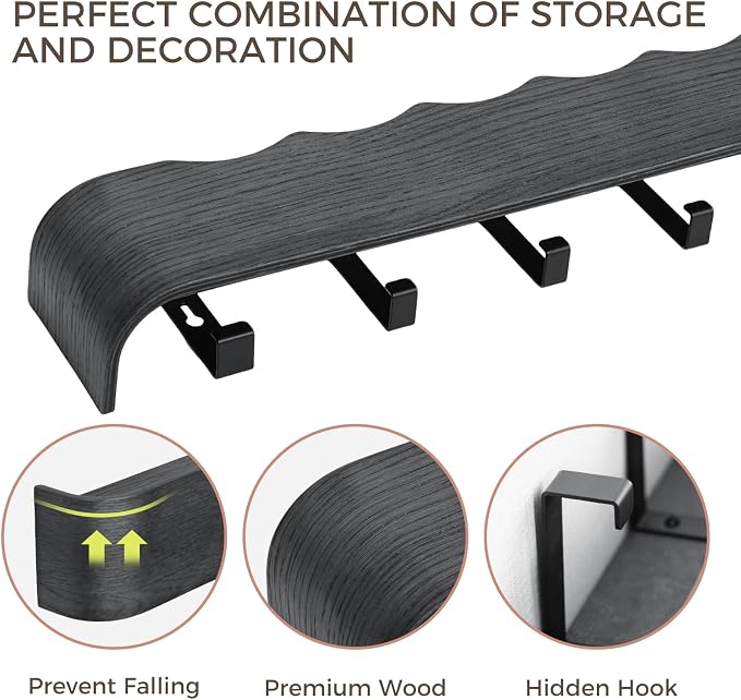 Coat Rack Wall Mount with Shelf Entryway Shelf Modern Key Holder Hanger Wall Shelves with Hidden Hooks for Hanging Towels Coats Hats Bags for Hallway Bathroom Bedroom (Wavy Black, 4 Hooks) - Image 5