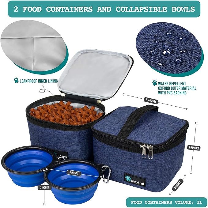 PetAmi Dog Travel Bag Organizer, Pet Travel Kit with 2 Food Containers & 2 Collapsible Dog Bowls, Pet Supplies Tote with Luggage Sleeve, Weekend Road Trip Camping Essentials, Navy Blue, Medium - Image 3