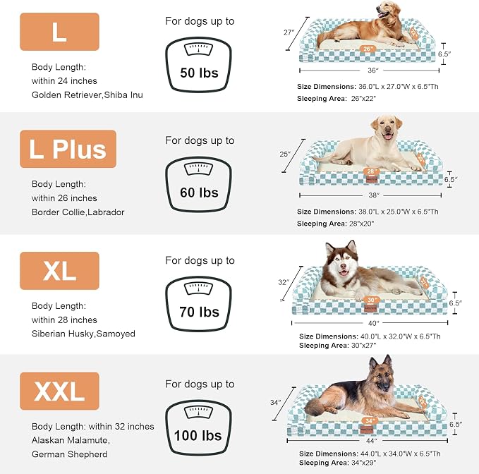 NANUYA Orthopedic Dog Bed for XX-Large Dogs, 44 x 34 Inch, Green Grid | Egg crate foam for joint support, 3-sided bolster pet sofa, waterproof lining, washable cover, and non-skid base - Image 7