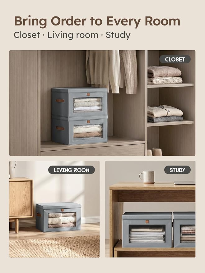 Homsorout Medium Fabric Storage bins - Collapsible Storage Bins with Open Window, 2 Pack Closet Baskets for Shelves, Stackable Decorative Boxes for Home, Dorm, Grey, 13.7"x 9.8" x 9.8" - Image 7