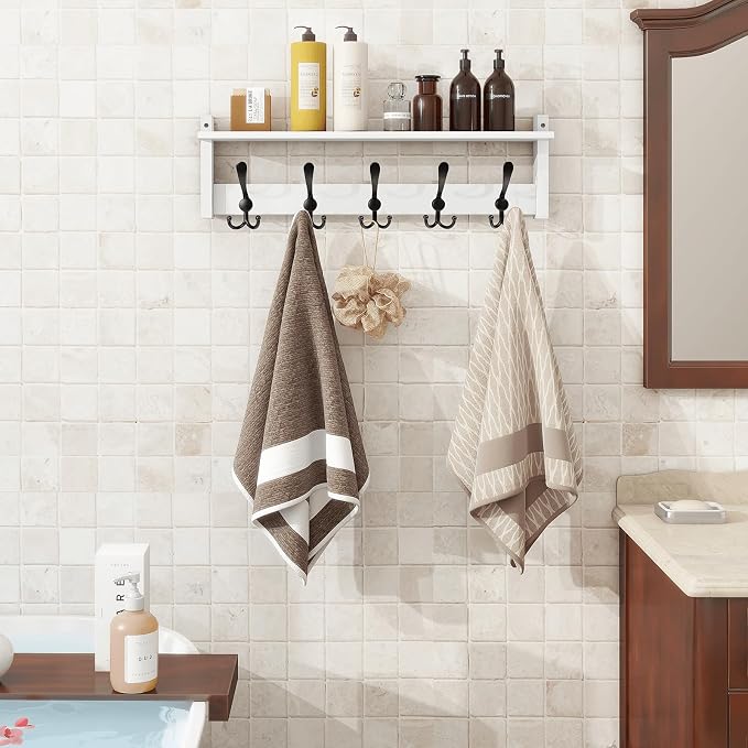 Homode Wall Shelf with Hooks, 24 Inch Coat Rack with Tri Hooks | Farmhouse Entryway Floating Coat Hanger with Storage for Bathroom, Entry Way, Mudroom, White - Image 3