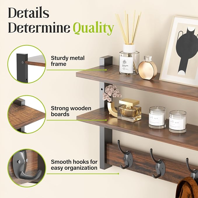 2 Tier Coat Rack Wall Mount with Shelf, 33" Wall Shelf with Hooks, Entryway Key Holder for Wall with 8 Heavy Duty Double Hooks, Coat Hook Wall Mounted for Bedroom, Living Room, Rustic Brown - Image 2
