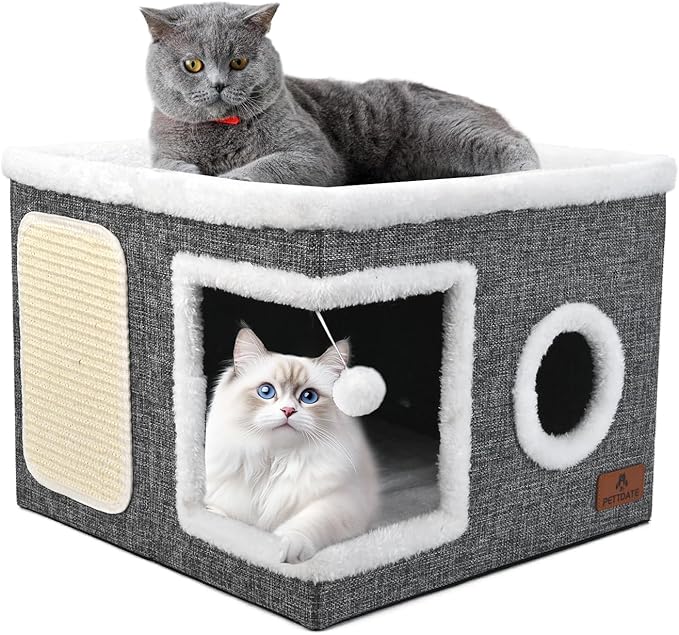 Cat Beds for Indoor Cats, Large Cat Cave Bed with Scratch Pad and Fluffy Ball, Foldable Cat Hideaway, Cat House with Reversible Cushion for Multi Small Pet Up to 30LBS, Grey by Unknown